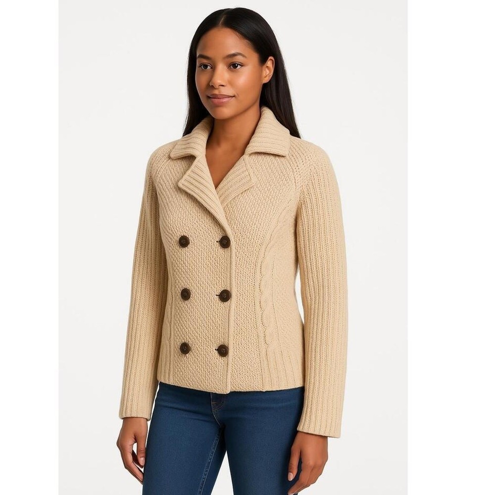 ii Sisters Sweater Blazer Womens M Beige Double Breasted Ribbed‎ Knit Peacoat